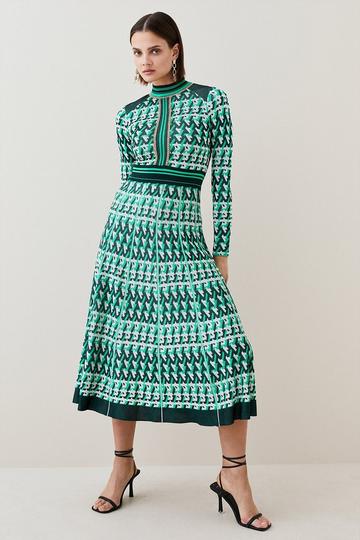 Green Geo Jacquard Knit Dress With Pleated Midi Skirt