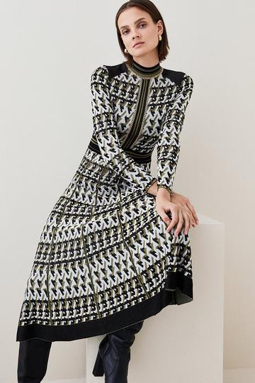 Geo Jacquard Knit Dress With Pleated Midi Skirt natural