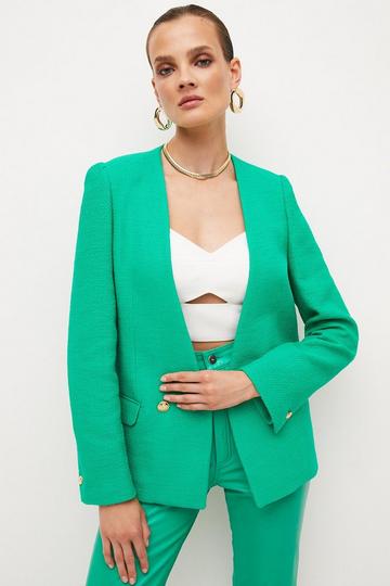 Green Tweed Collarless Tailored Jacket