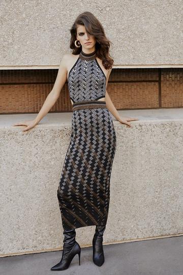 Black Embellished Geo Jacquard Knit Pencil Midaxi Dress