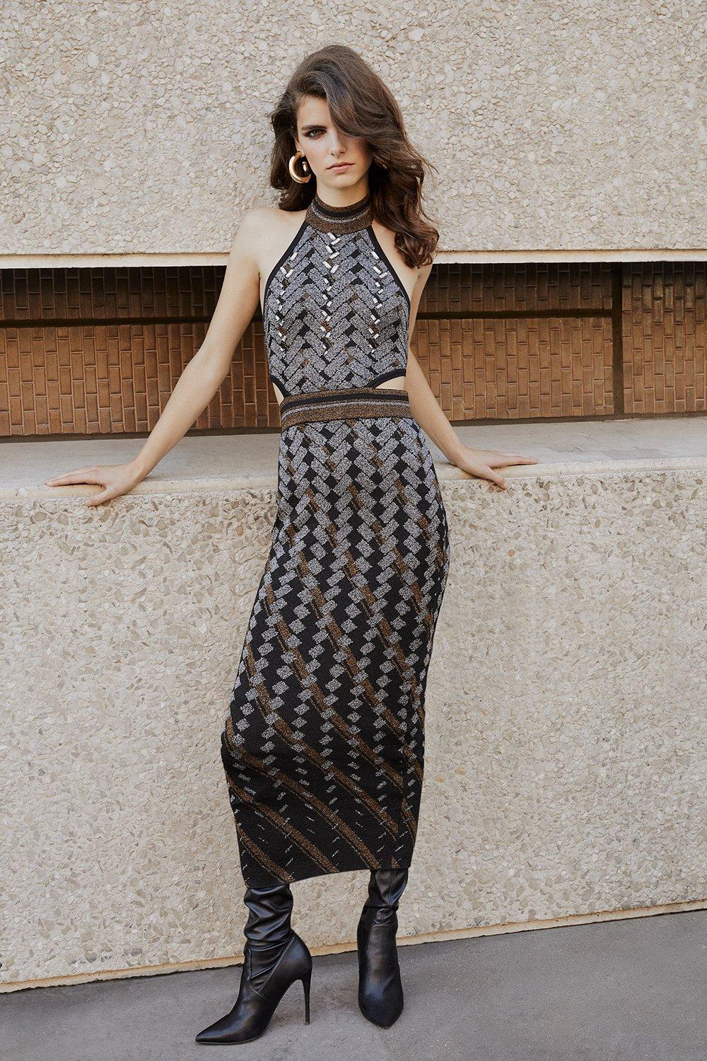 Embellished Geo Jacquard Knit Pencil Midaxi Dress | Karen Millen