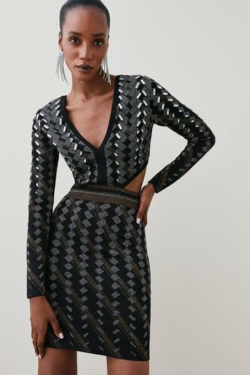 Black Cutout Embellished Geo Jacquard Knit Mini Dress