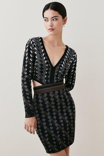 Black Petite Embellished Geo Jacquard Knit Mini Dress