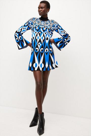 Embellished Geo Jacquard Swing Mini Dress cobalt