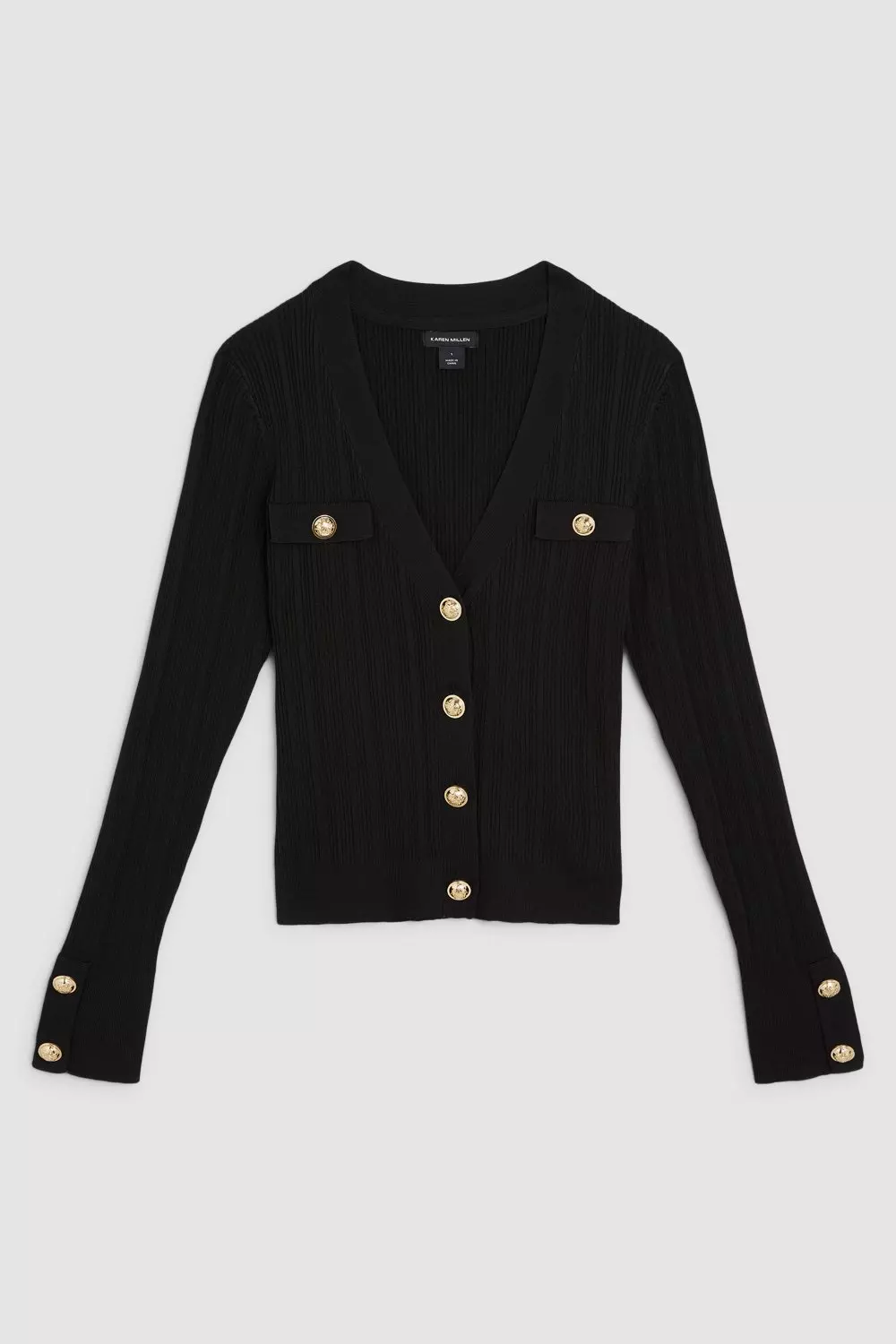 Viscose Blend Military Button V Neck Rib Knit Cardigan | Karen Millen