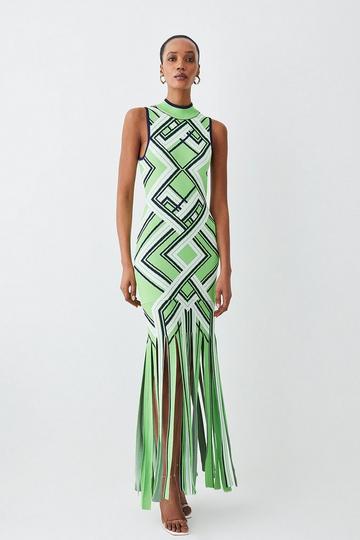 Green Sliced Hem Placement Stripe Knit Jacquard Maxi Dress