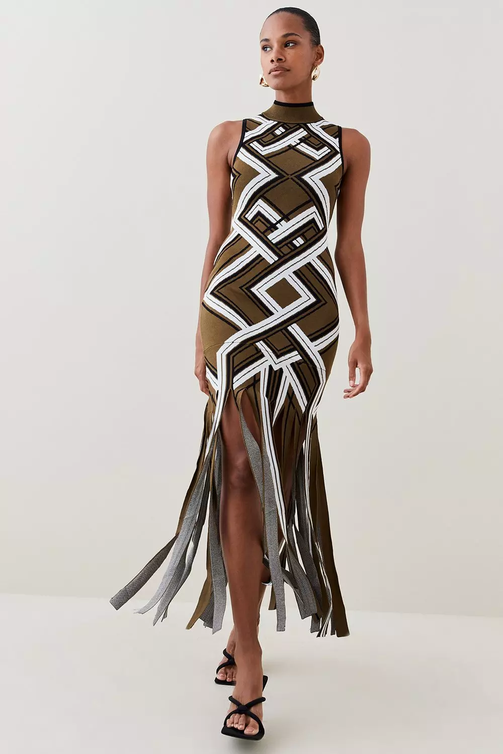 Sliced Hem Placement Stripe Knit Jacquard Maxi Dress | Karen Millen