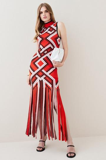 Sliced Hem Placement Stripe Knit Jacquard Maxi Dress red