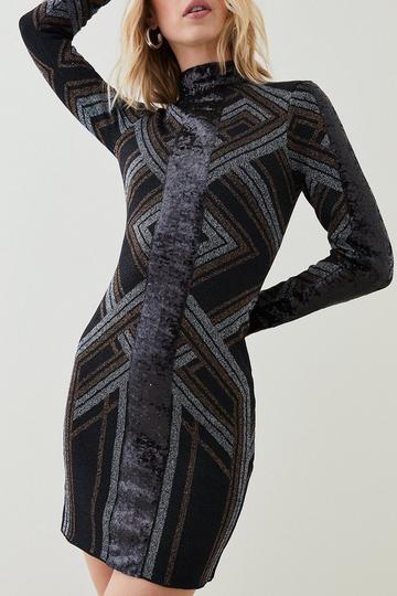 Black Sparkle Jacquard Sequin Panel Knit Mini Dress