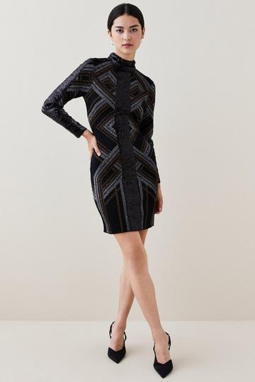 Petite Sparkle Jacquard Sequin Panel Knit Mini Dress black