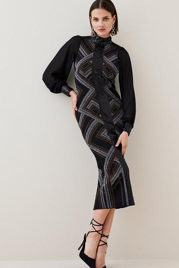 Black Sparkle Jacquard Sequin Panel Midaxi Knit Dress