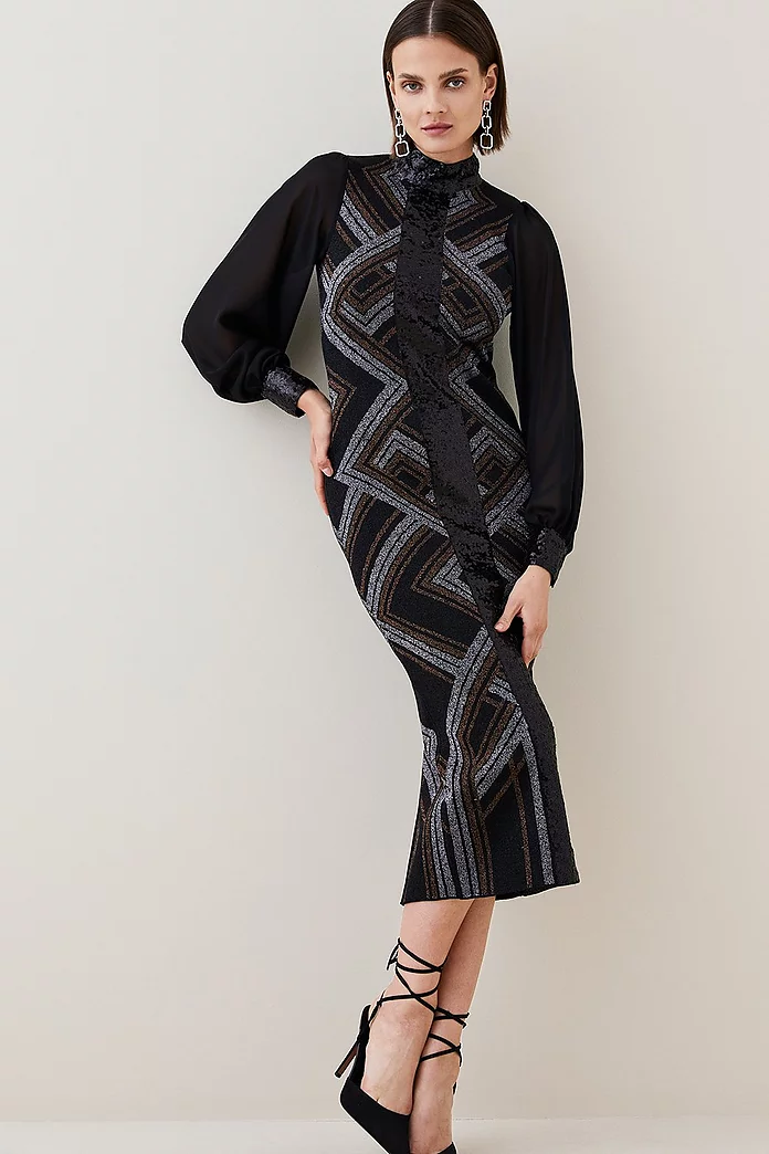 Er is behoefte aan rekruut Vertrouwen op Sparkle Jacquard Sequin Panel Midaxi Knit Dress | Karen Millen