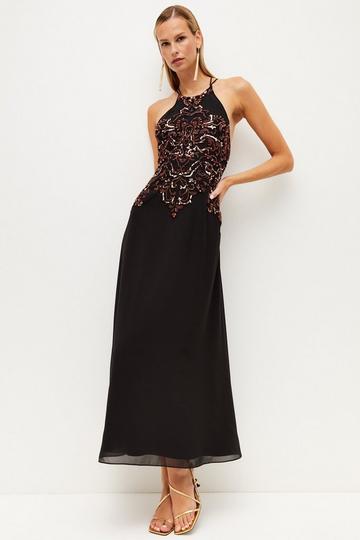 Black Embellished Bodice Woven Maxi Dress
