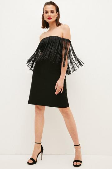 Black Structured Crepe Fringe Bardot Mini Dress