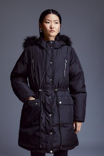 Black Premium Padded Fur Trim Hooded Parka Coat