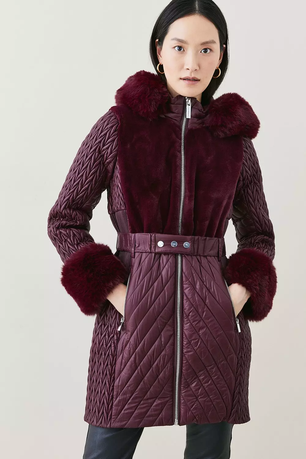 Signature Quilt Faux Fur Trim Belted Midi Coat