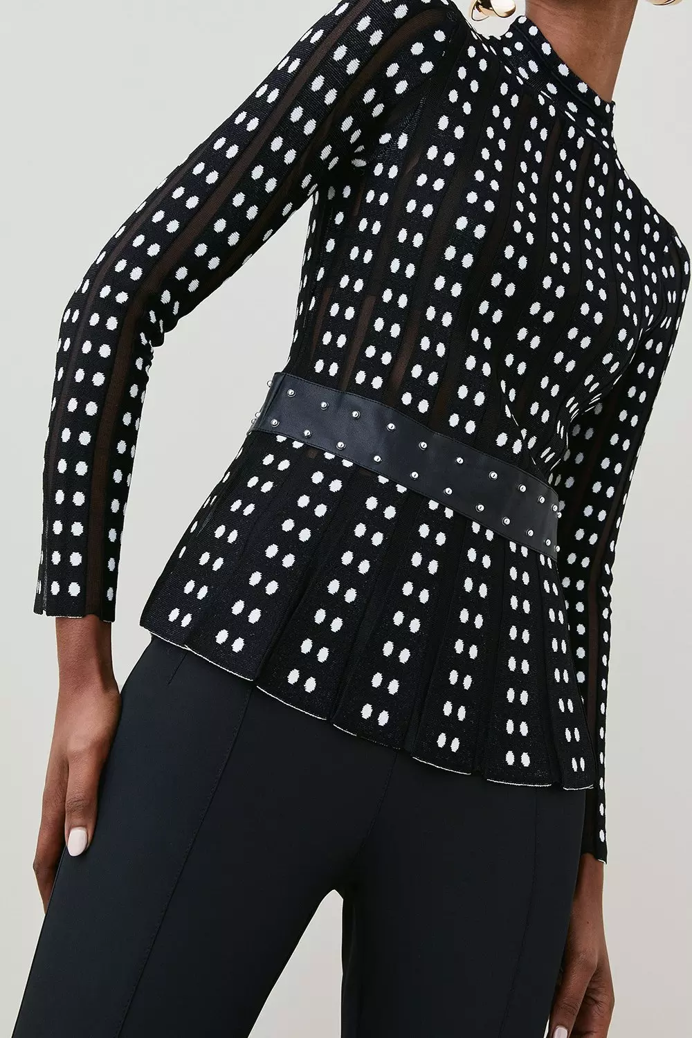 Sheer Knit Polka Dot Peplum Jacquard Top | Karen Millen