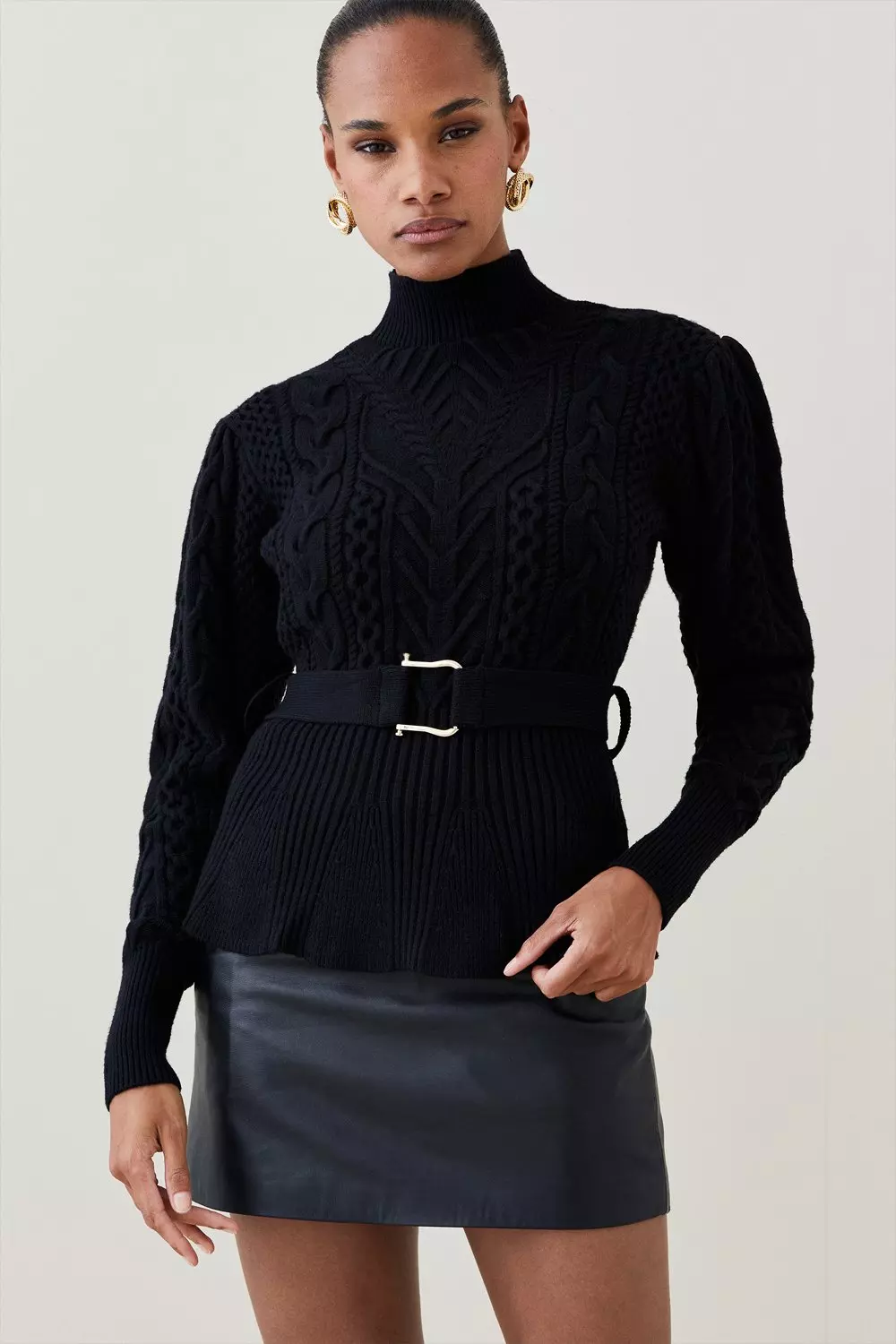 Viscose Blend Cable Knit Belted Peplum Top Karen Millen