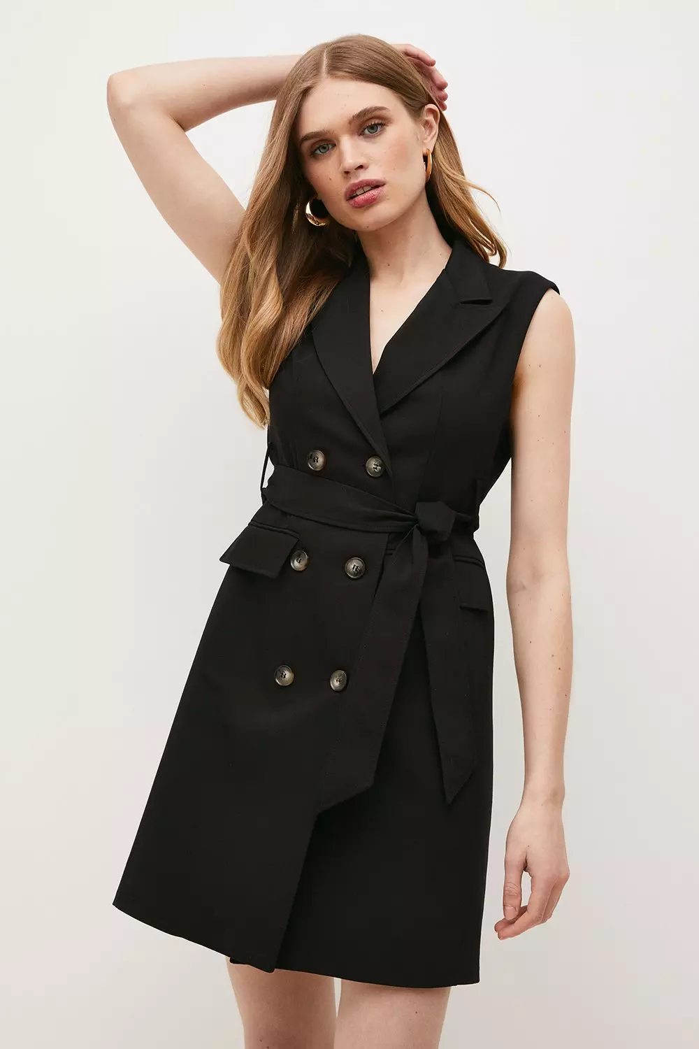 Cotton Sateen Sleeveless Belted Mini Dress | Karen Millen