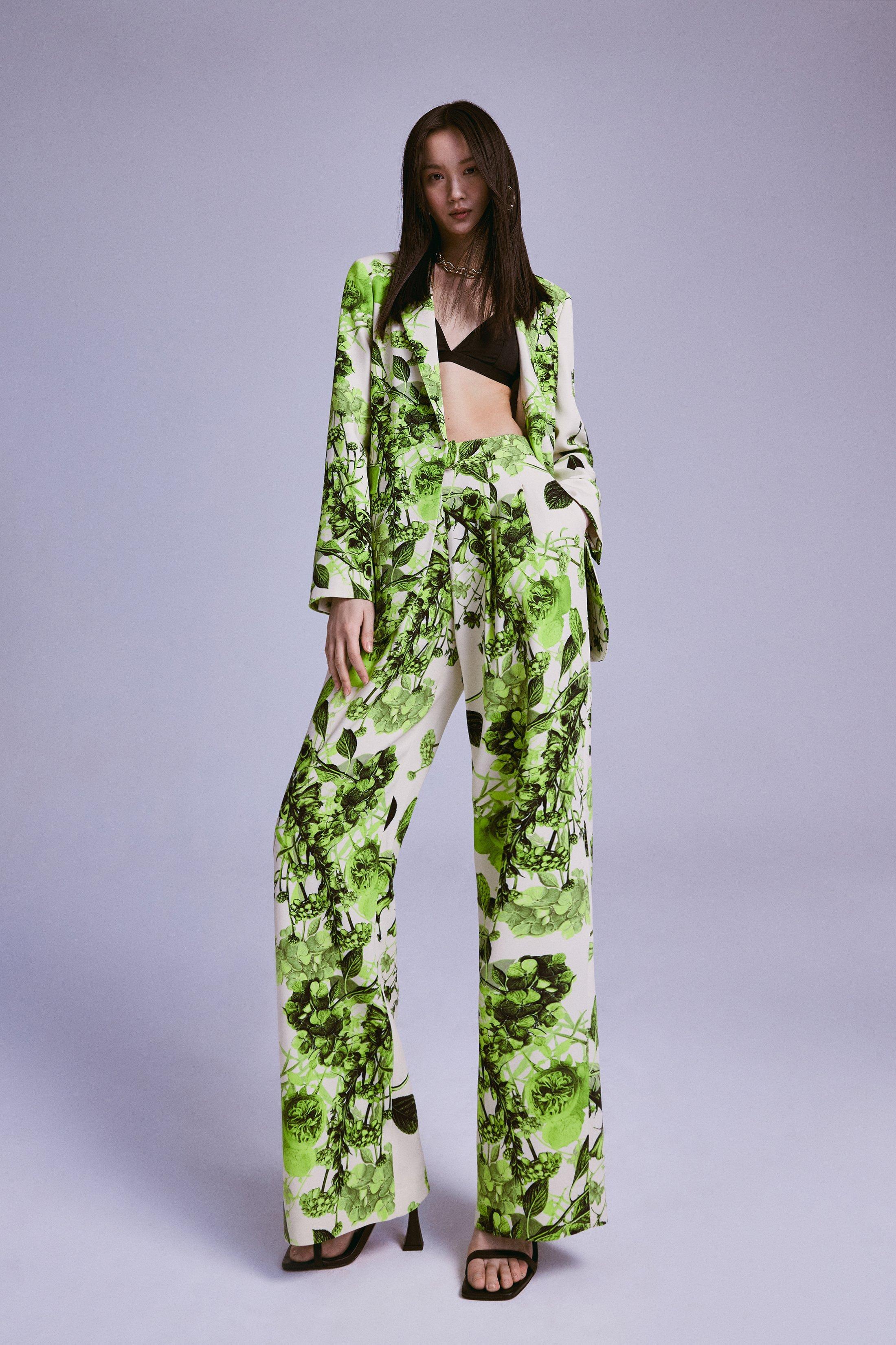 Spring Green Botanical Bunches Tailored Wide Leg Pants