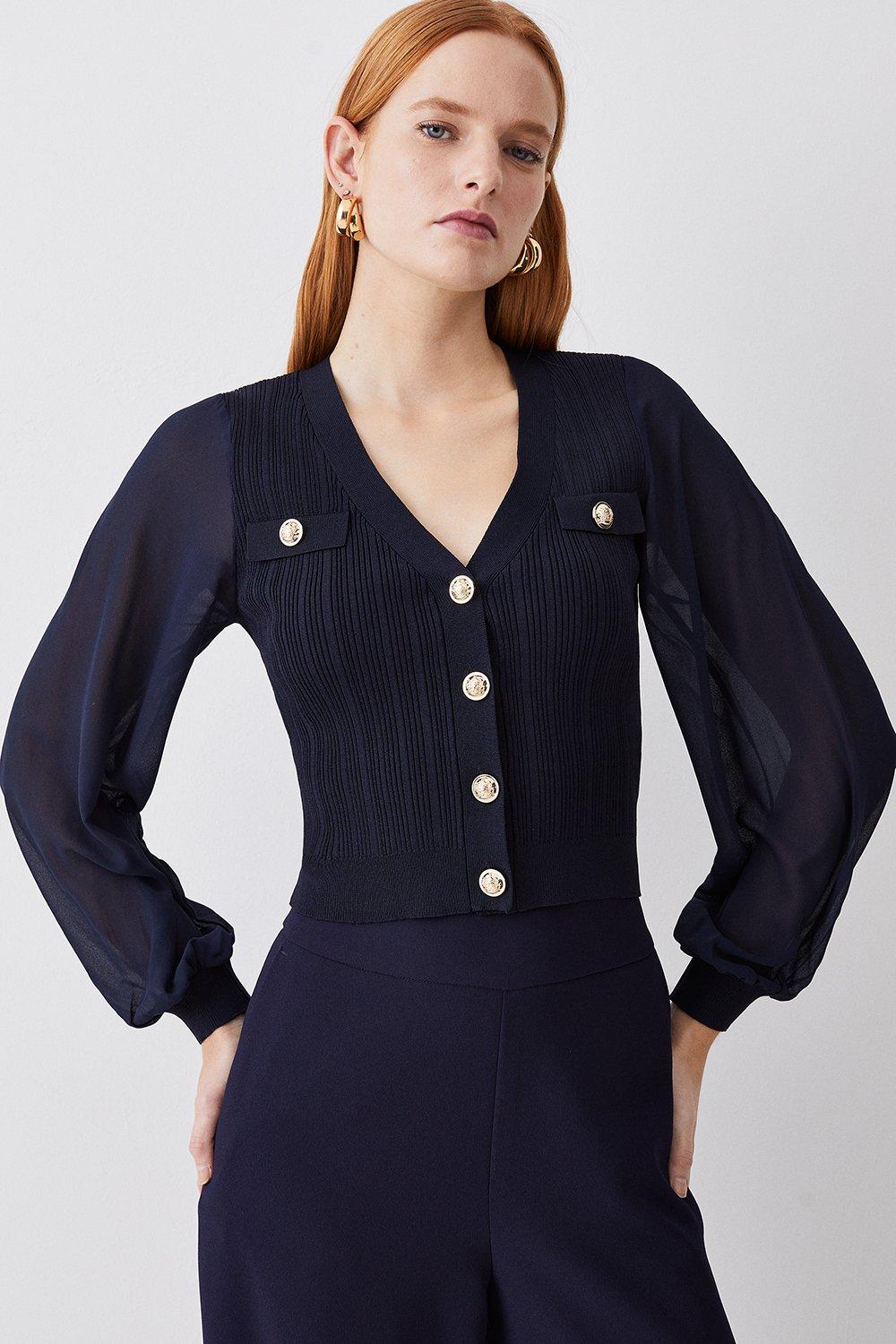 Military Rib Knit Georgette Sleeve Cardigan - Navy