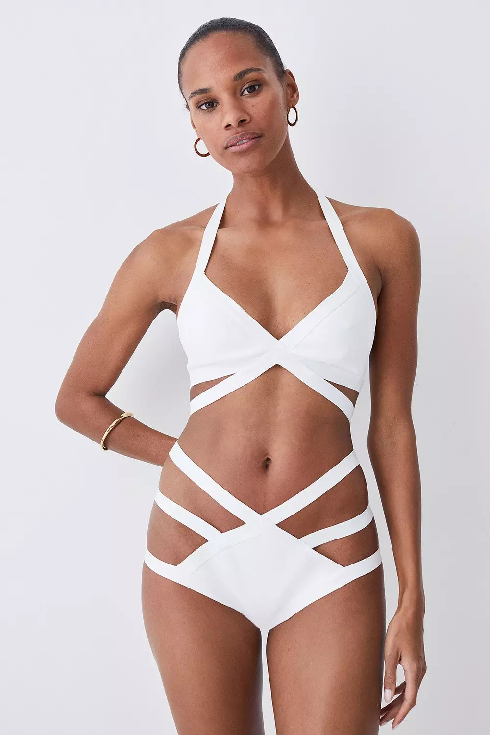 White Halter Criss Cross Neck Thong Bottom Monokini Swimsuit