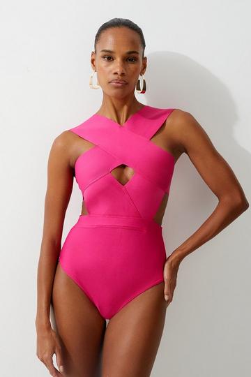 Pink Bandage Textured Cross Front Swimsuit