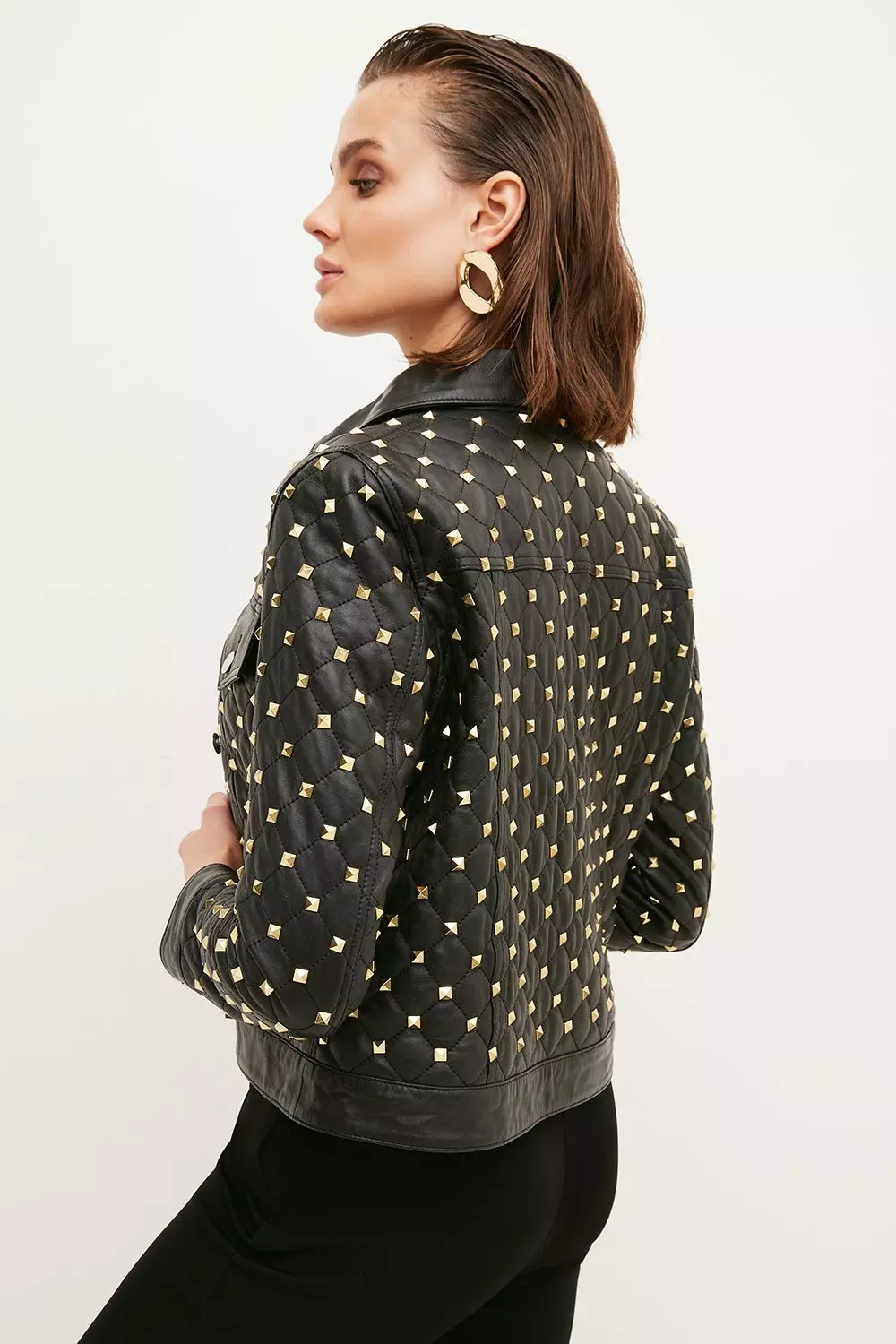 Gold Leather Studded Bomber Jacket