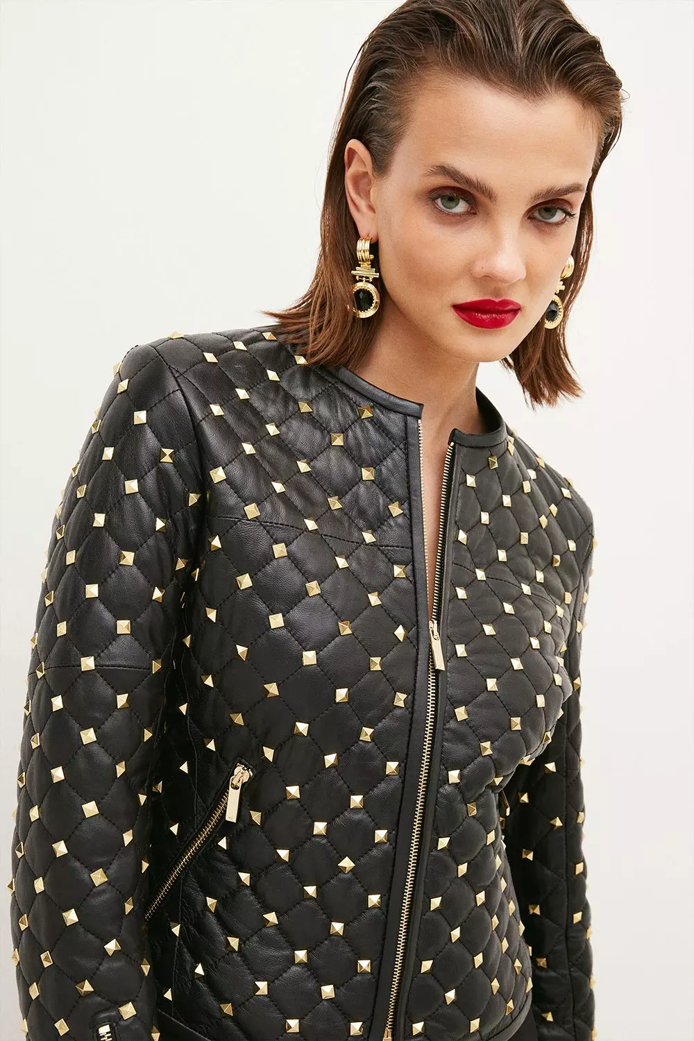 Leather Studded Zip Through Jacket