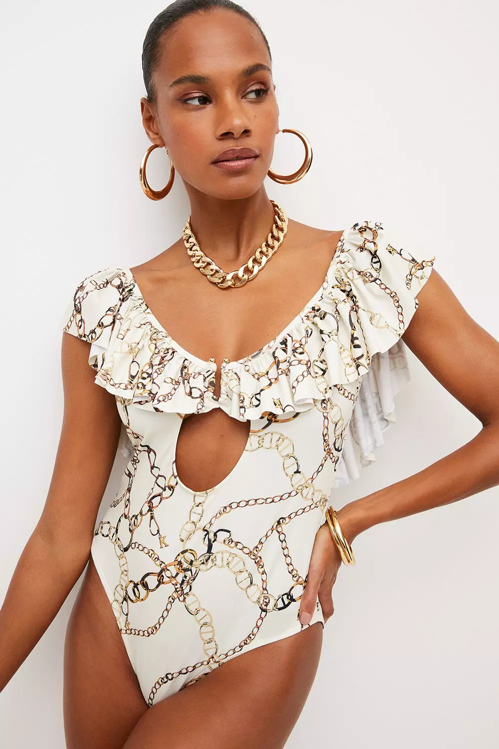 Ruffle Detail Chain Print Swimsuit Karen Millen