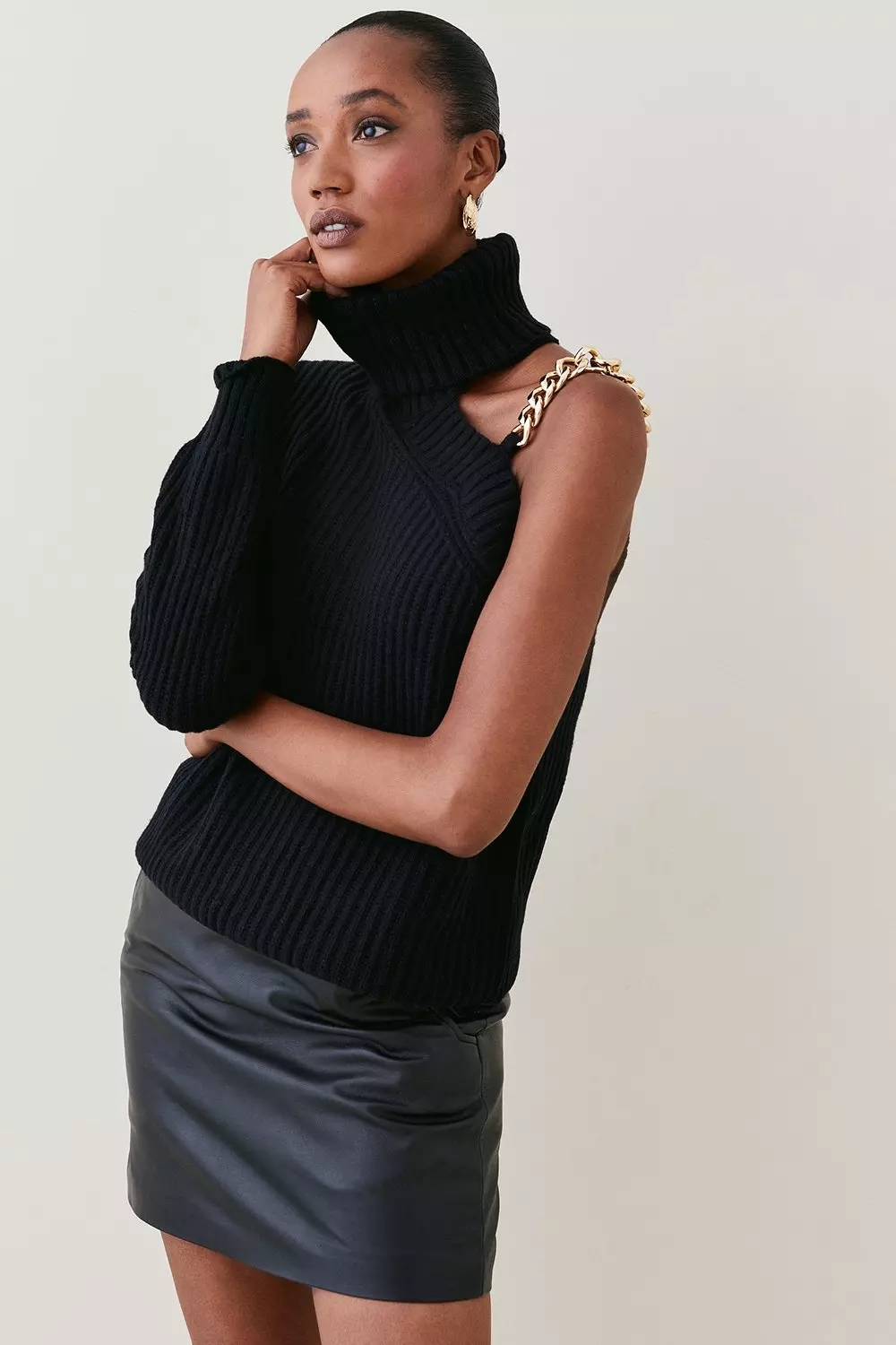 Asymmetrical shoulder cutout outlet turtleneck cotton blend sweater