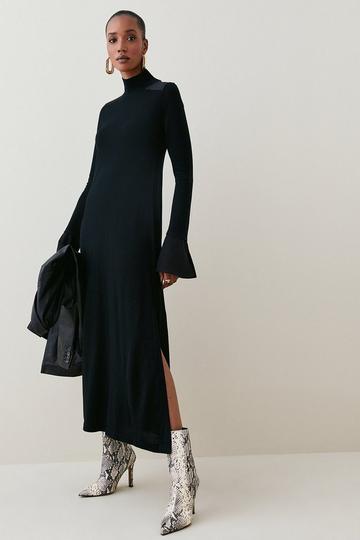 Merino Wool Silk Cuff Maxi Knit Dress black