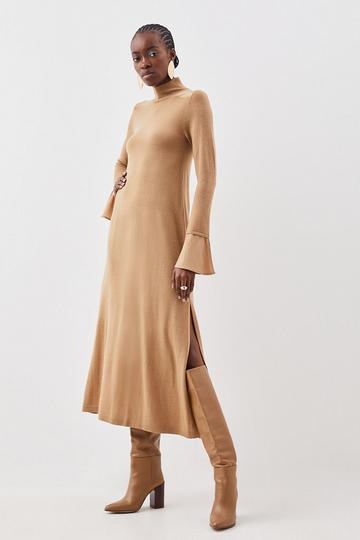 Merino Wool Silk Cuff Maxi Knit Dress camel