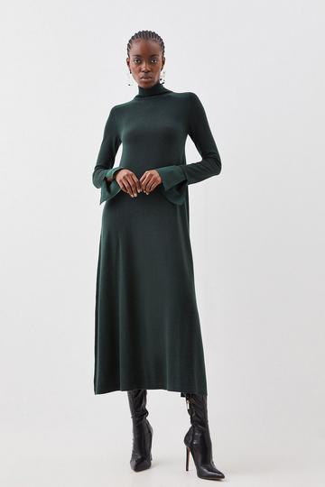 Teal Green Merino Wool Silk Cuff Maxi Knit Dress
