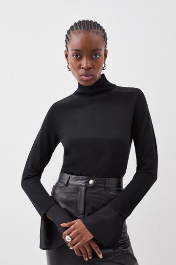 Black Silk Cuff Merino Knit Sweater