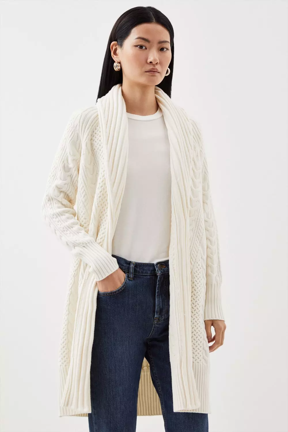 Viscose Blend Shawl Collar Cable Knit Coatigan