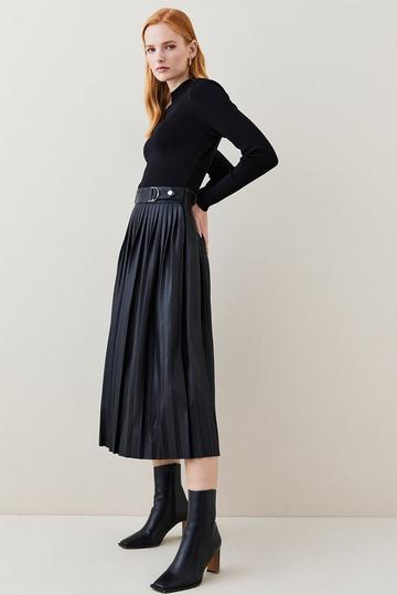 Black Viscose Blend Knitted Pleated Midi Dress With Pu Detailing