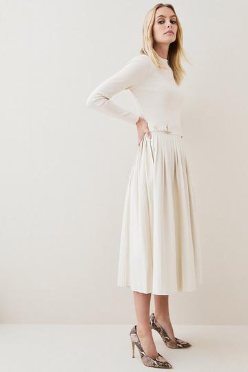 Cream White Viscose Blend Knitted Pleated Midi Dress With Pu Detailing