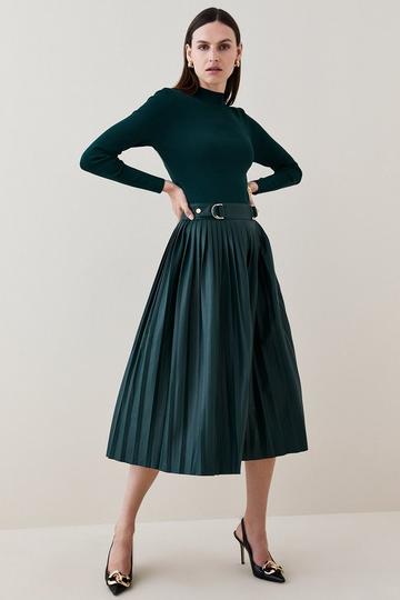 Knitted Pleated Midi Dress With Pu Detailing teal