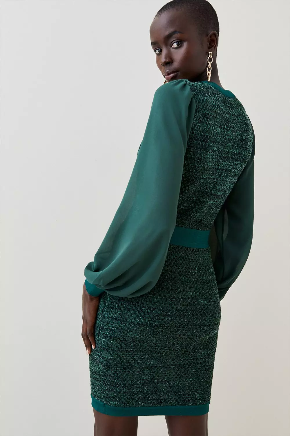 Chiffon Sleeve Tweed Knit Mini Dress | Karen Millen