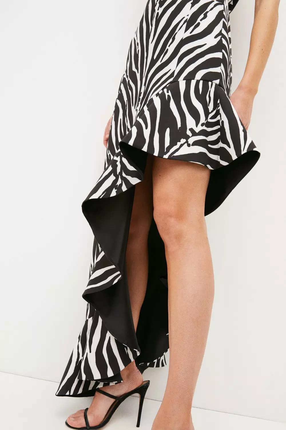 Zebra Printed High Low Ruffle Maxi Dress