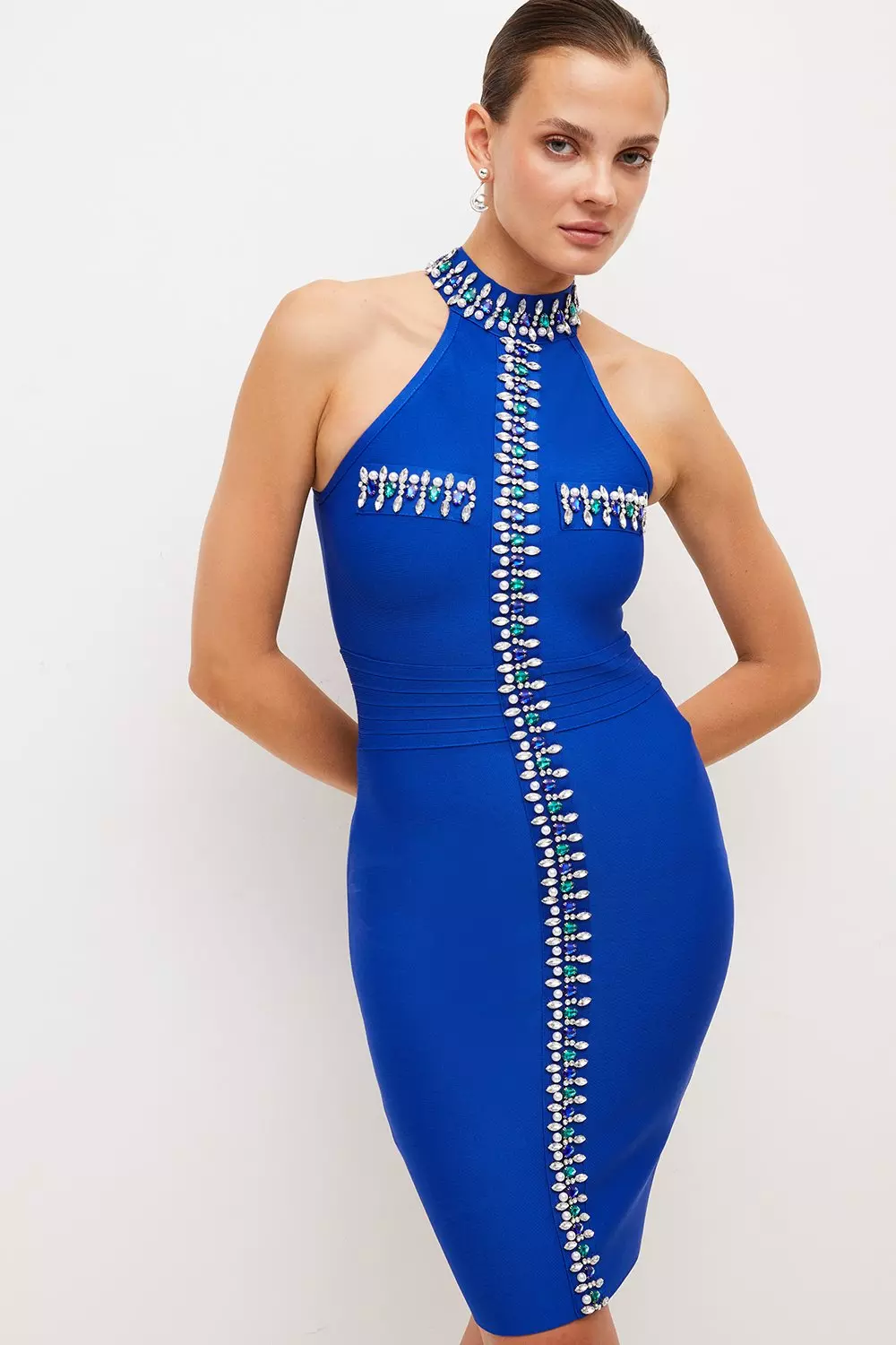 Embellished Bandage Knit Halter Mini Dress