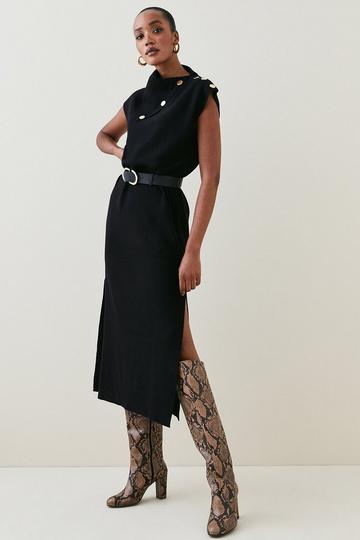 Black Wool Blend Belted Knit Midaxi Dress