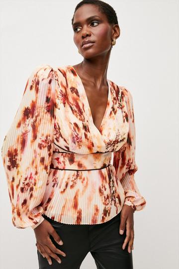 Pressed Floral Pleated Woven Blouse floral