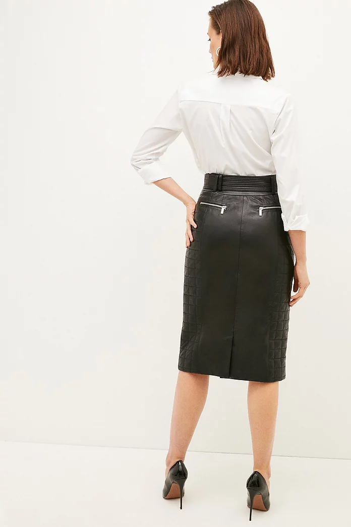 Leather Quilted Panel Belted Midi Skirt | Karen Millen