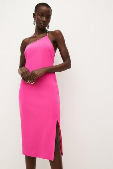 Pink Compact Viscose Chain One Shoulder Column Midi Dress