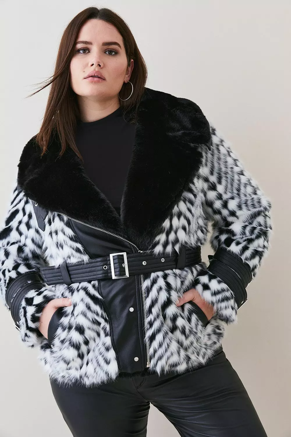 Plus Size Peplum Mono Faux Fur Pu Belted Jacket