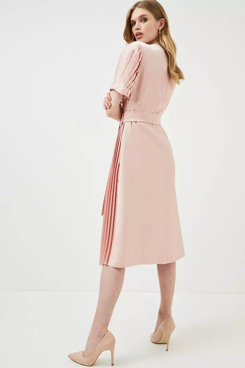 Satin Pleat Panelled Wrap Midi Dress