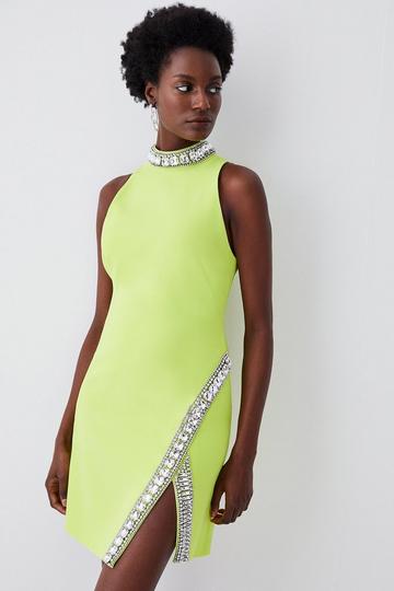 Crystal Embellished Woven Thigh Split Mini lime