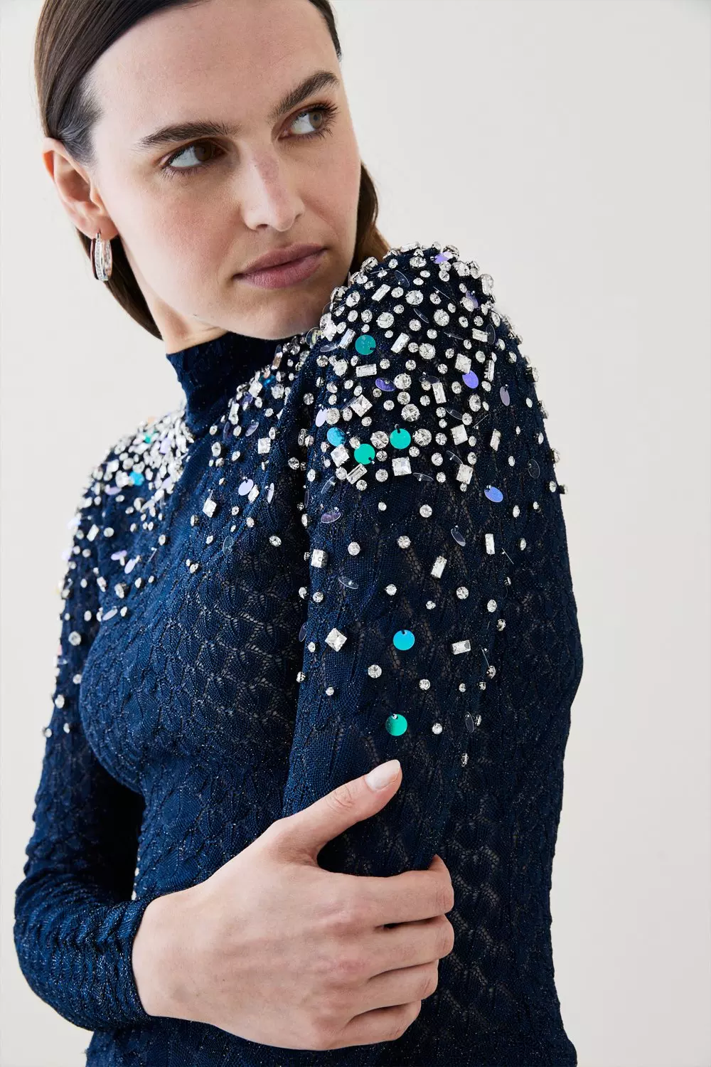 Crystal Embellished Scale Stitch Knit Sweater